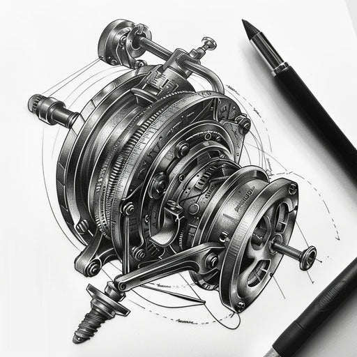 Blackwork tattoo design of a fishing reel