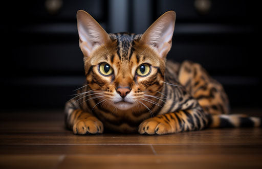 Bengal cat lying on floor, distinct facial features style