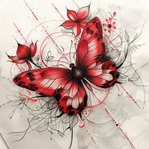 Artistic tattoo sketch of a red butterfly with delicate fine lines and floral accents