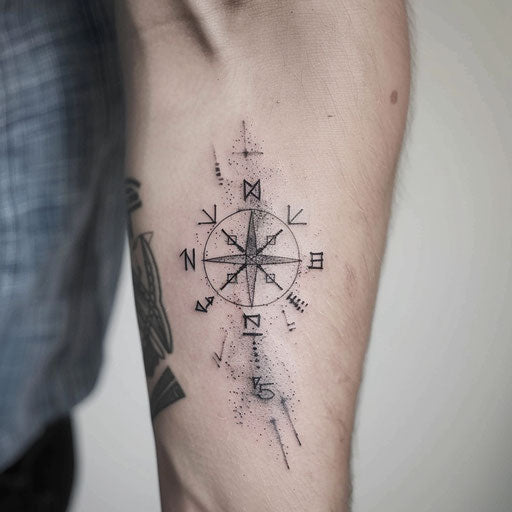 Minimalist black and white tattoo of Vegvisir with runic inscriptions