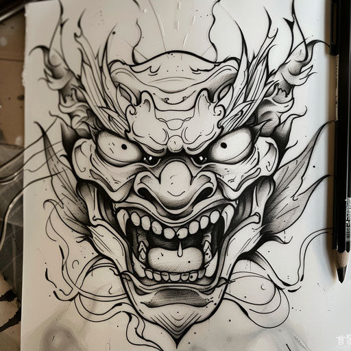 Bold flat sketch of a Japanese demon's face with intense eyes and snarling mouth