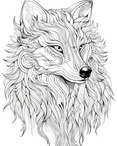 Coloring page of a wolf with feathers on white background