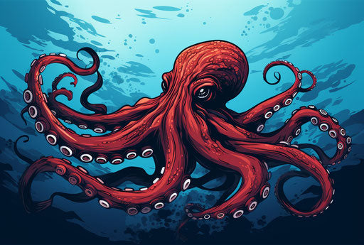 Red octopus on blue background, psychological phenomena style