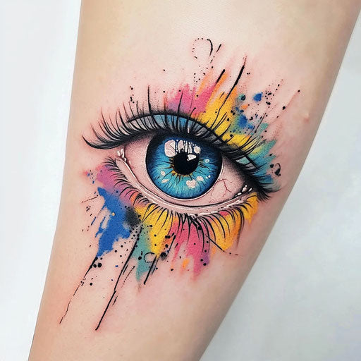 Sketch of eye tattoo on arm with vibrant watercolor splashes