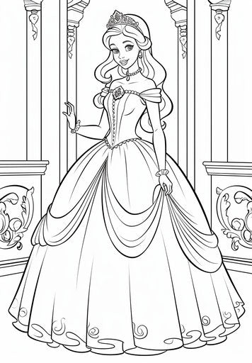 Princess coloring page, playful caricature style, shiny eyes, frontal perspective, free brushwork, animated GIFs, pictorial, childlike