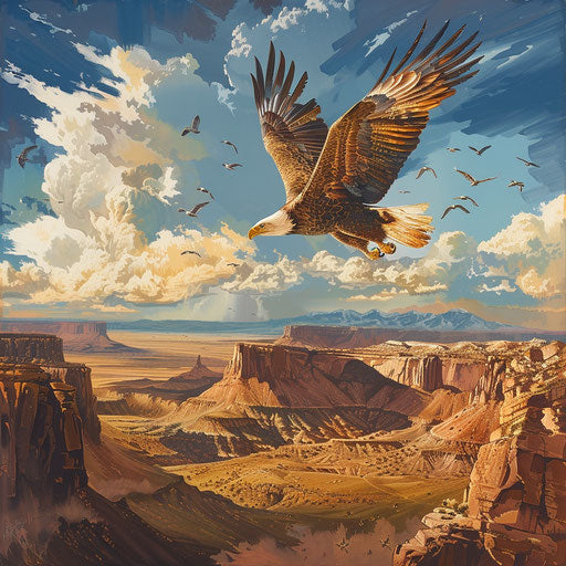 Bald eagle gliding over desert landscape