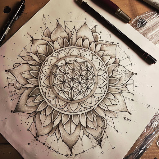 Intricate tattoo sketch of the Flower of Life, detailed mandala background