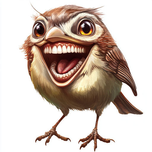 Humorous caricature of sparrow with exaggerated teeth