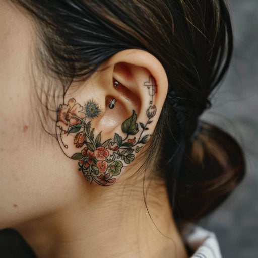 Ear tattoos inspired by Maria Sibylla Merian with botanical designs