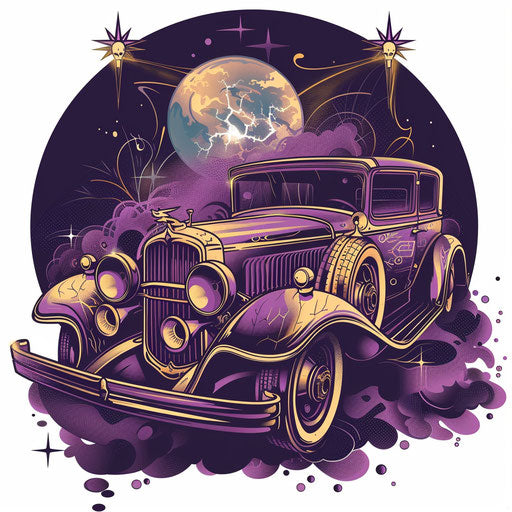 Antique car with magical symbols in mystical purple