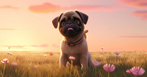Pug dog watching the sun on grass, cute animation