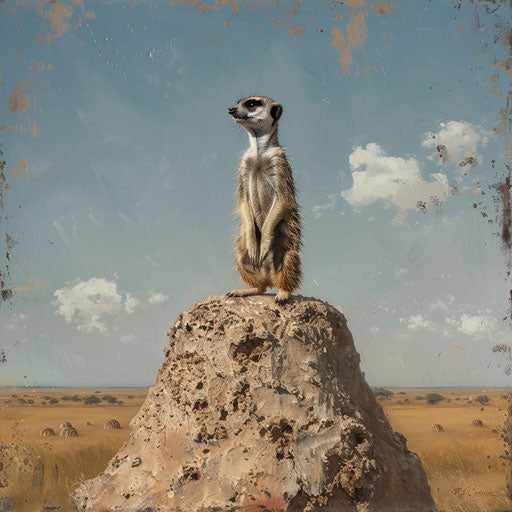 Meerkat on termite mound, vast savannah view