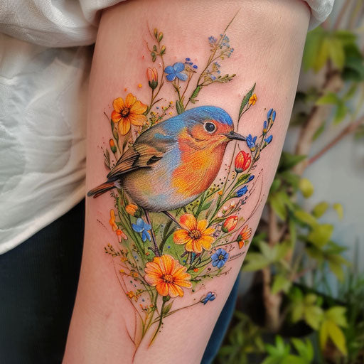 Wildflower tattoo with bird, bright colors, realistic bird, nature-inspired