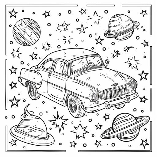 Flying car in space with stars and planets