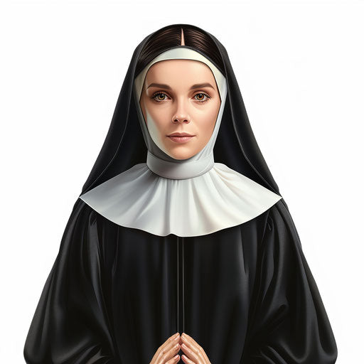 Illustration of nun in photo realistic style with a flat random background, glossy finish and sharp outlines