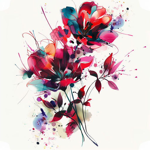 Contemporary floral tattoo design with abstract color splashes, on white