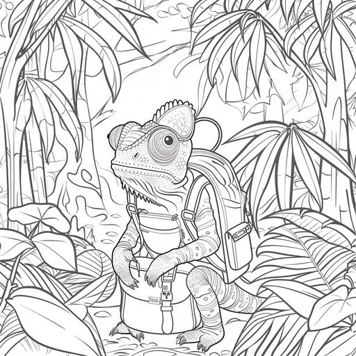 Whimsical chameleon exploring the jungle with a backpack