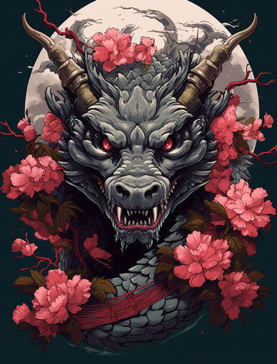 Flamboyant dragon with flowers in mouth wielding a sword
