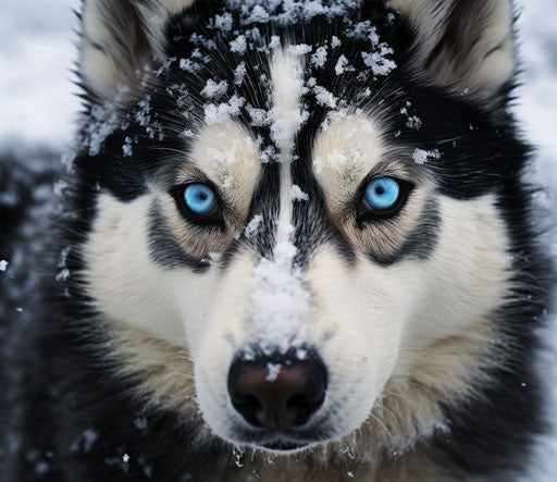 Siberian husky dog with blue eyes facing snowy area, Inuit art style