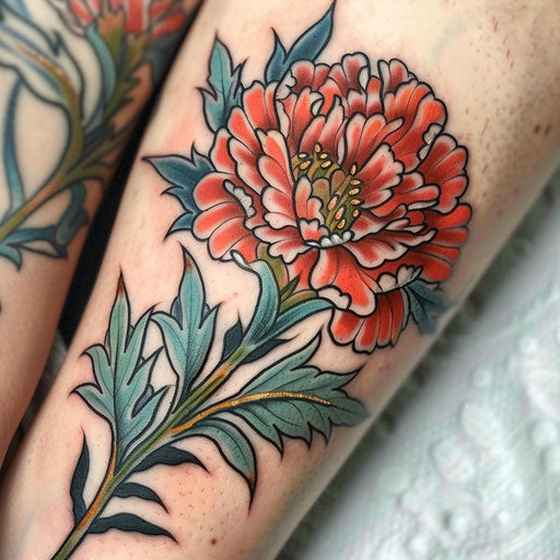 Neo-traditional carnation tattoo with bold lines and vivid colors