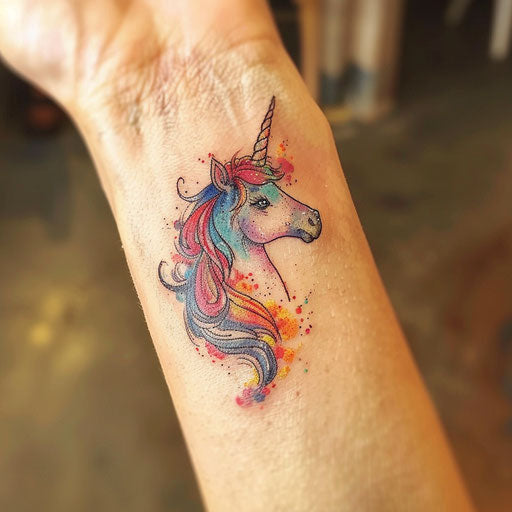 Sketch of a dreamy unicorn with a rainbow mane for wrist coverup tattoo for women