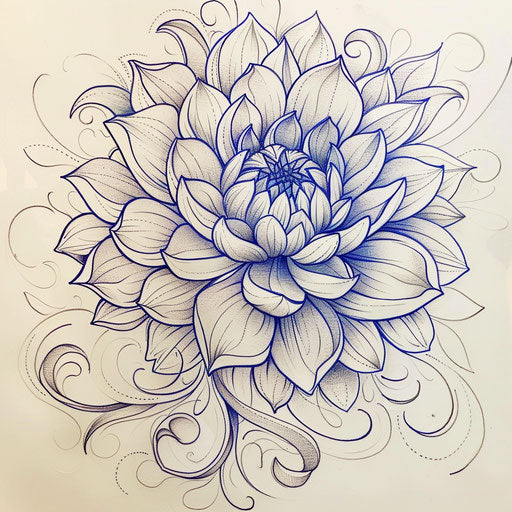 Art Nouveau style dahlia tattoo sketch with flowing lines