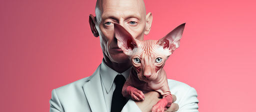 Sphynx cat held in front of man's arm, deconstructive style, light pink and red 41:18
