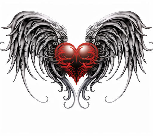Angel wings with red heart in gothic dark style