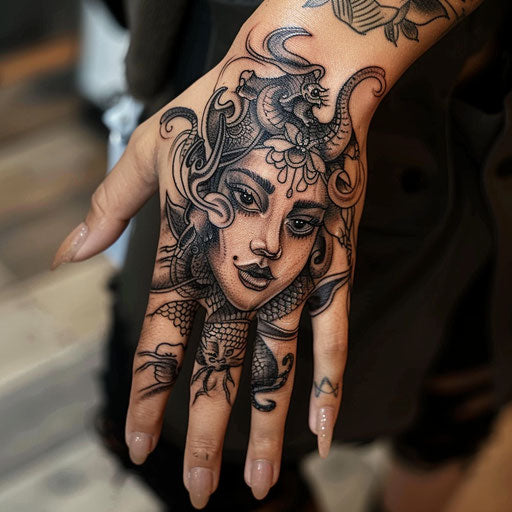 Dreamlike female hand tattoo with mythical creatures