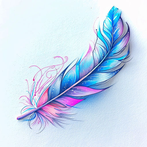 Elegant flat tattoo sketch of a neon feather with blue and pink hues