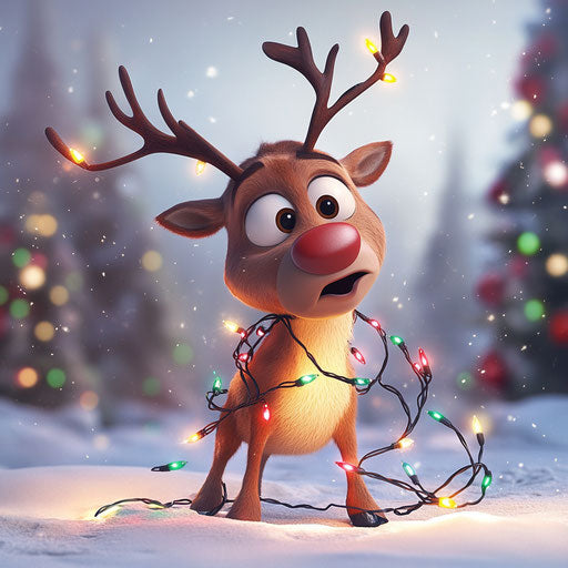 Christmas reindeer in lights, cheerful in snow