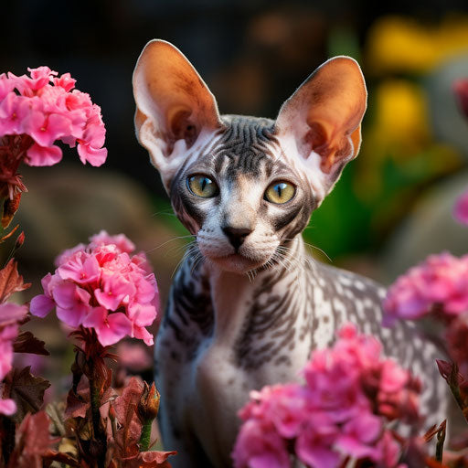 Cornish rex cat in a flower bed with beautiful flowers