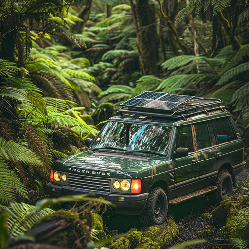 Eco-friendly 1993 Range Rover conversion with solar panels and electric motor in lush environment