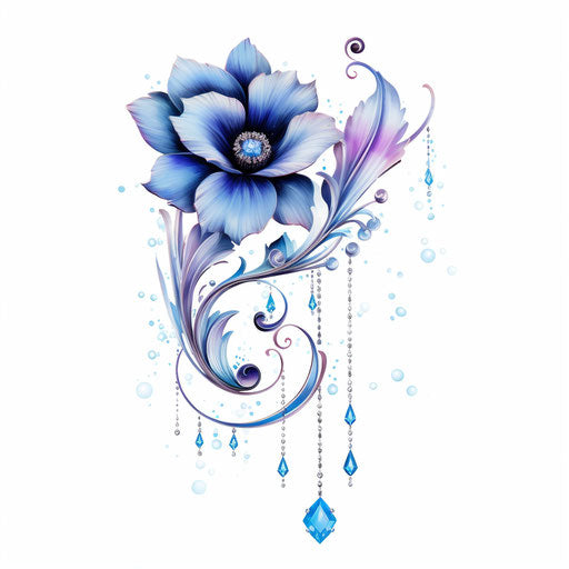 Blue flowers and crystal tattoos, luxurious romantic graffiti style