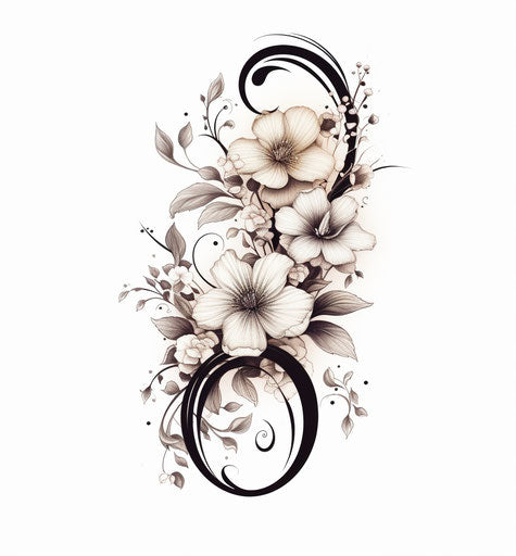 Letter s with flowers in black, zen-inspired, tattoo