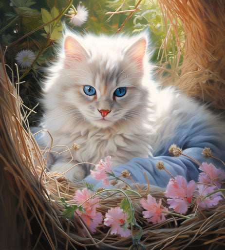 Pink and white cat on blanket, big blue eye, persian miniature style
