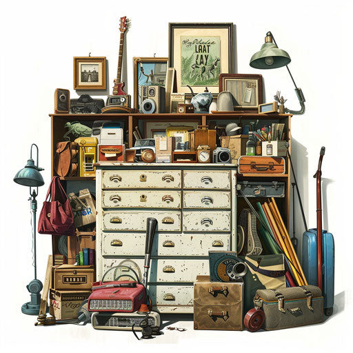 Photo realistic clipart of a garage sale against a white background with deep shadows