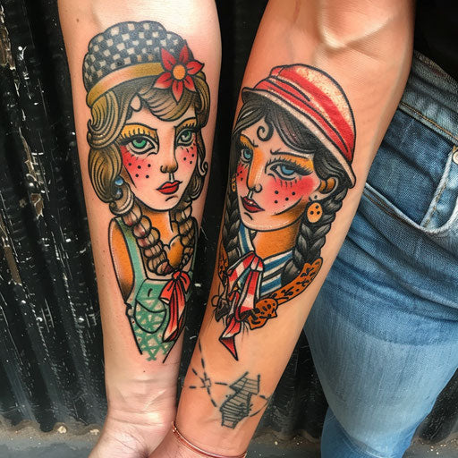Colorful sister tattoos with traditional Americana themes