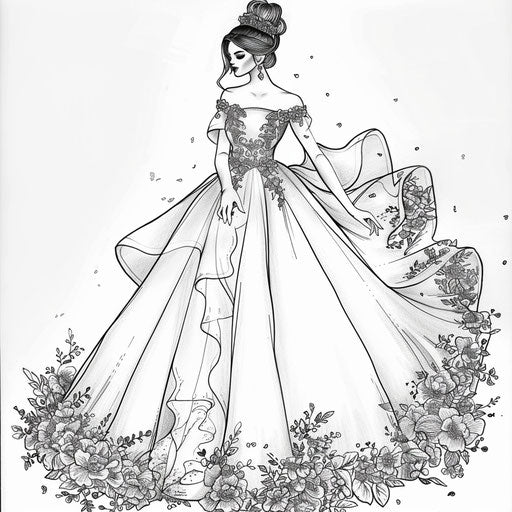 Glamorous doll in high-fashion dress, coloring book page