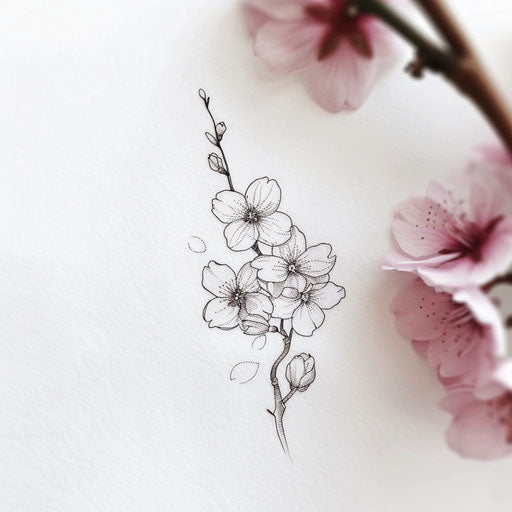 Minimalist flat tattoo sketch for dotwork tattoo, showcasing a delicate cherry blossom branch, subtle pink hues
