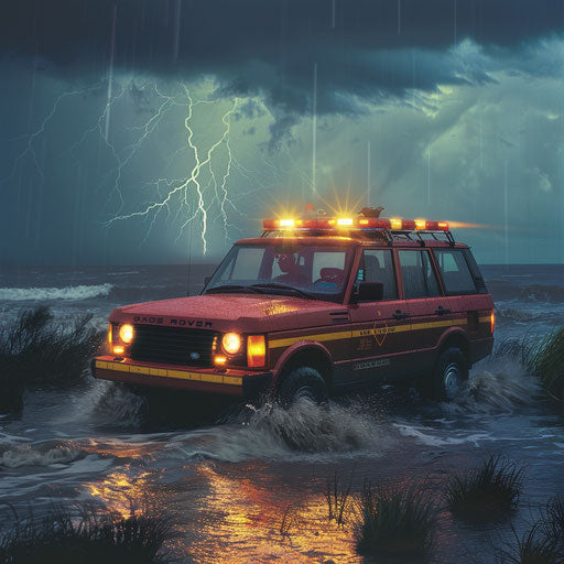 Extreme weather rescue vehicle in stormy weather