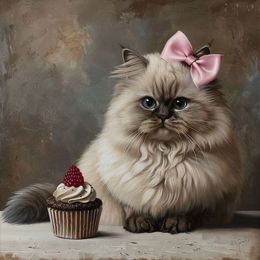Himalayan cat with a tiny bow on its head, next to a cupcake