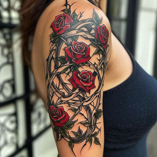 Half sleeve tattoos for women, a Celtic knot intertwined with roses and thorns, in the style of Adrian Smith