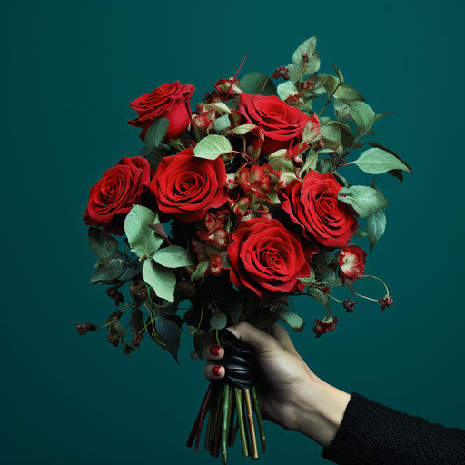 Red rose bouquet hand holding against blue background, dark aquamarine and green style, poignant, xmaspunk, floralpunk, wrapped, elaborate, simple