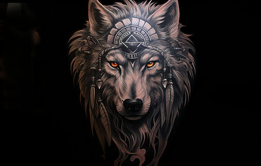 Wolf tattoo with Indian head, dark black and silver style