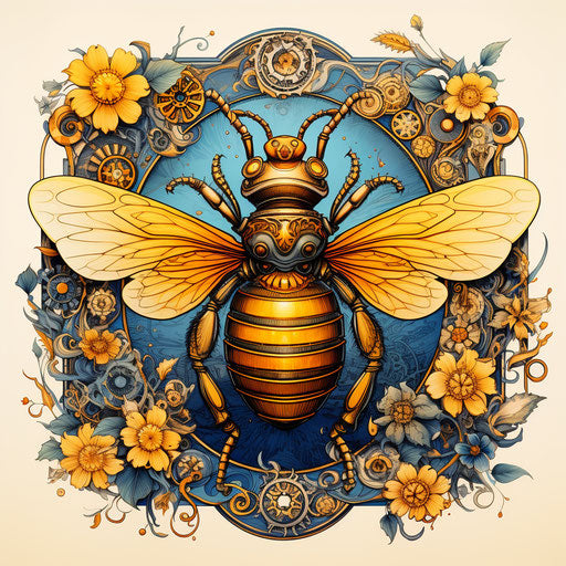 yellow and blue bee in flower field, steampunk design, indigenous motifs, vibrant patterns
