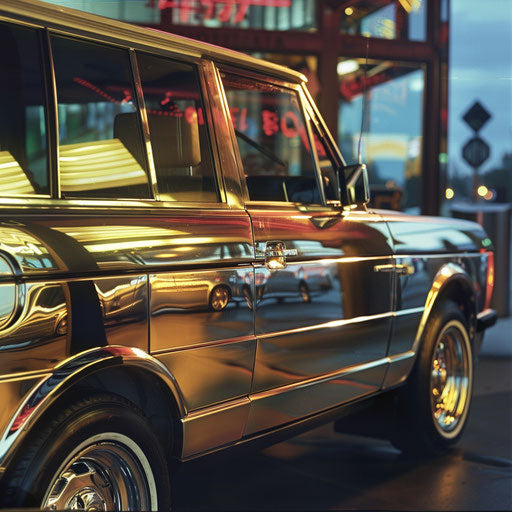 Reflection of a 1980 Range Rover in polished chrome of a classic diner