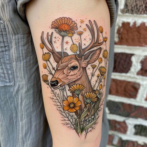 Wildflower tattoo with deer, earthy tones, woodland theme