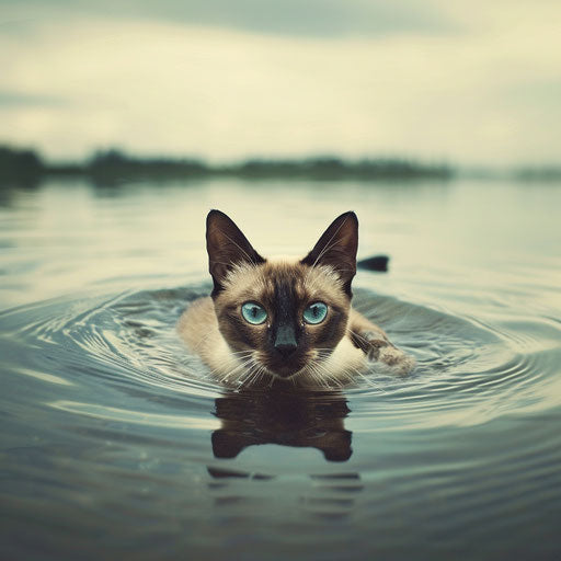 Burmese cat swimming in a lake by the shore