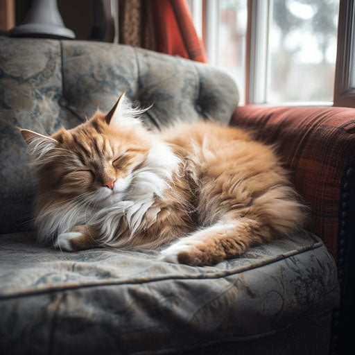 Norwegian forest cat sleeping on a couch